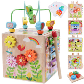 KMTJT wooden activity cube pink bead maze enhances fine motor skills and cognitive play.