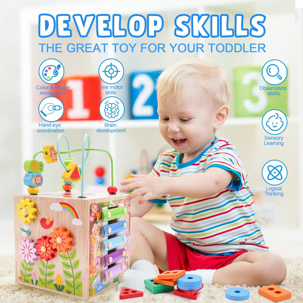 KMTJT wooden activity cube pink shape sorter promotes color and shape recognition.