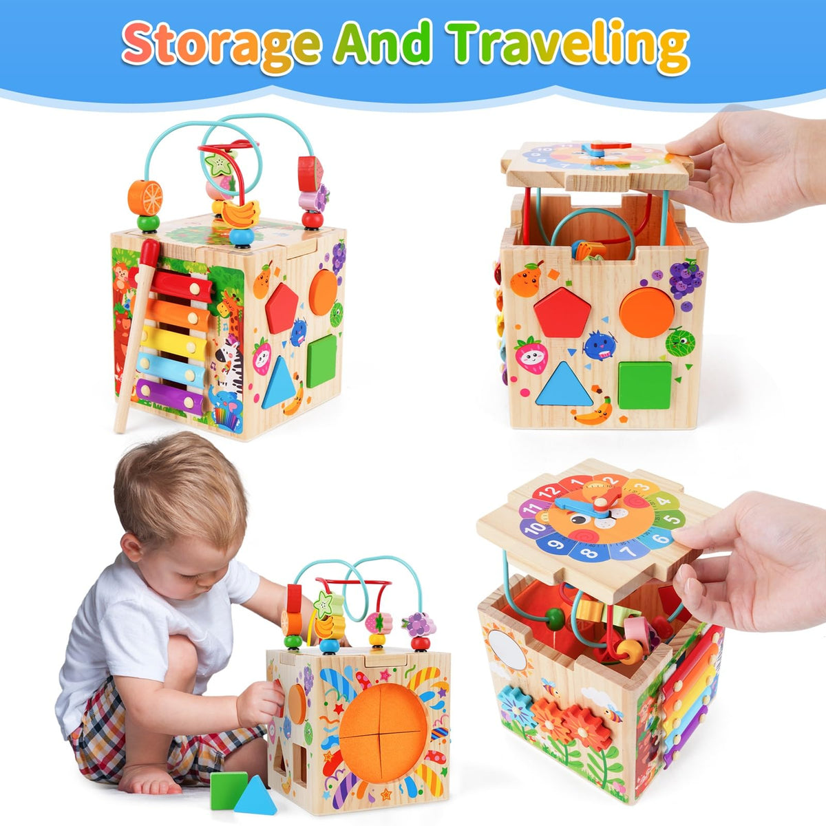 KMTJT wooden activity cube stores neatly for travel and tidy play on the go.