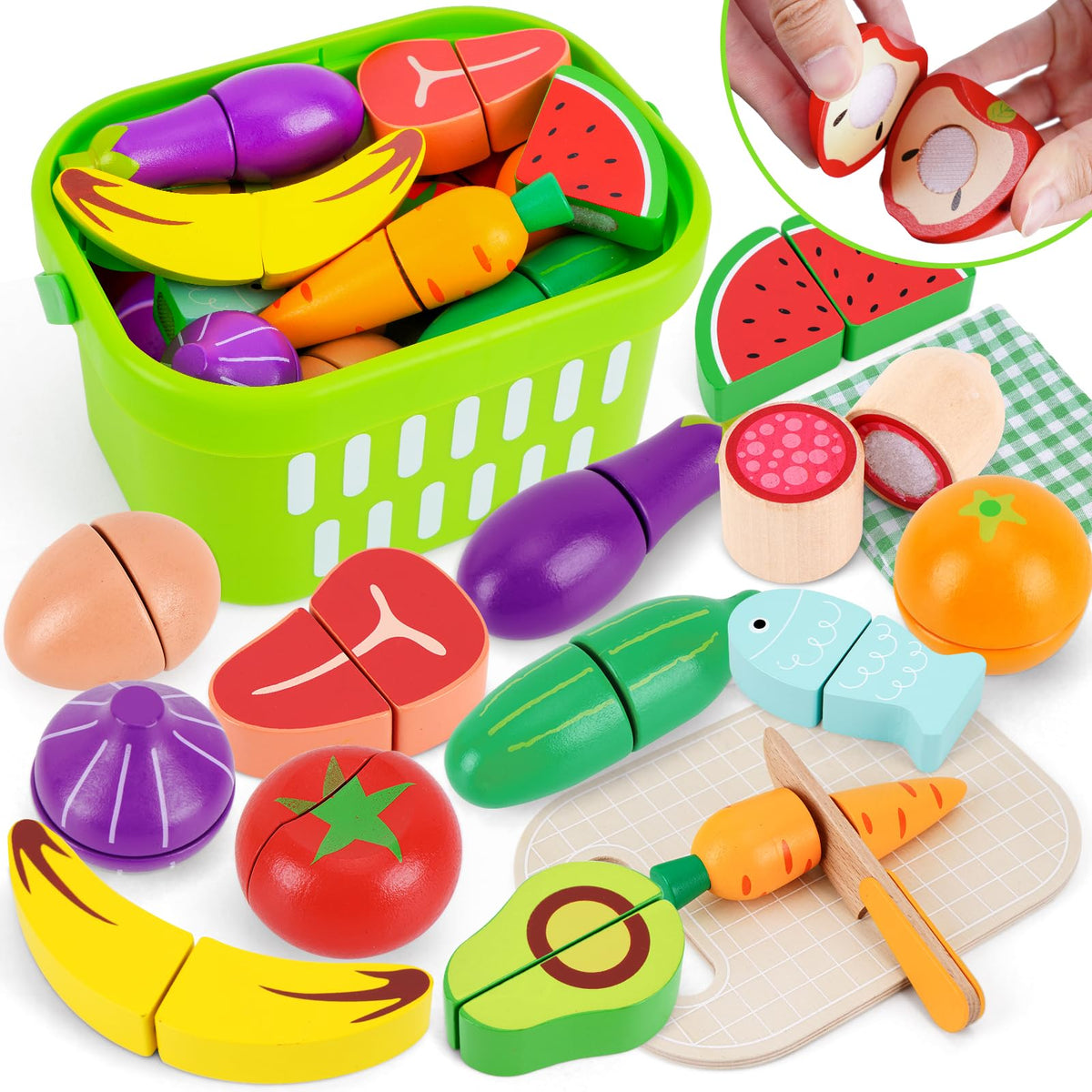 KMTJT wooden cutting fruits set for pretend play and fruit name recall.