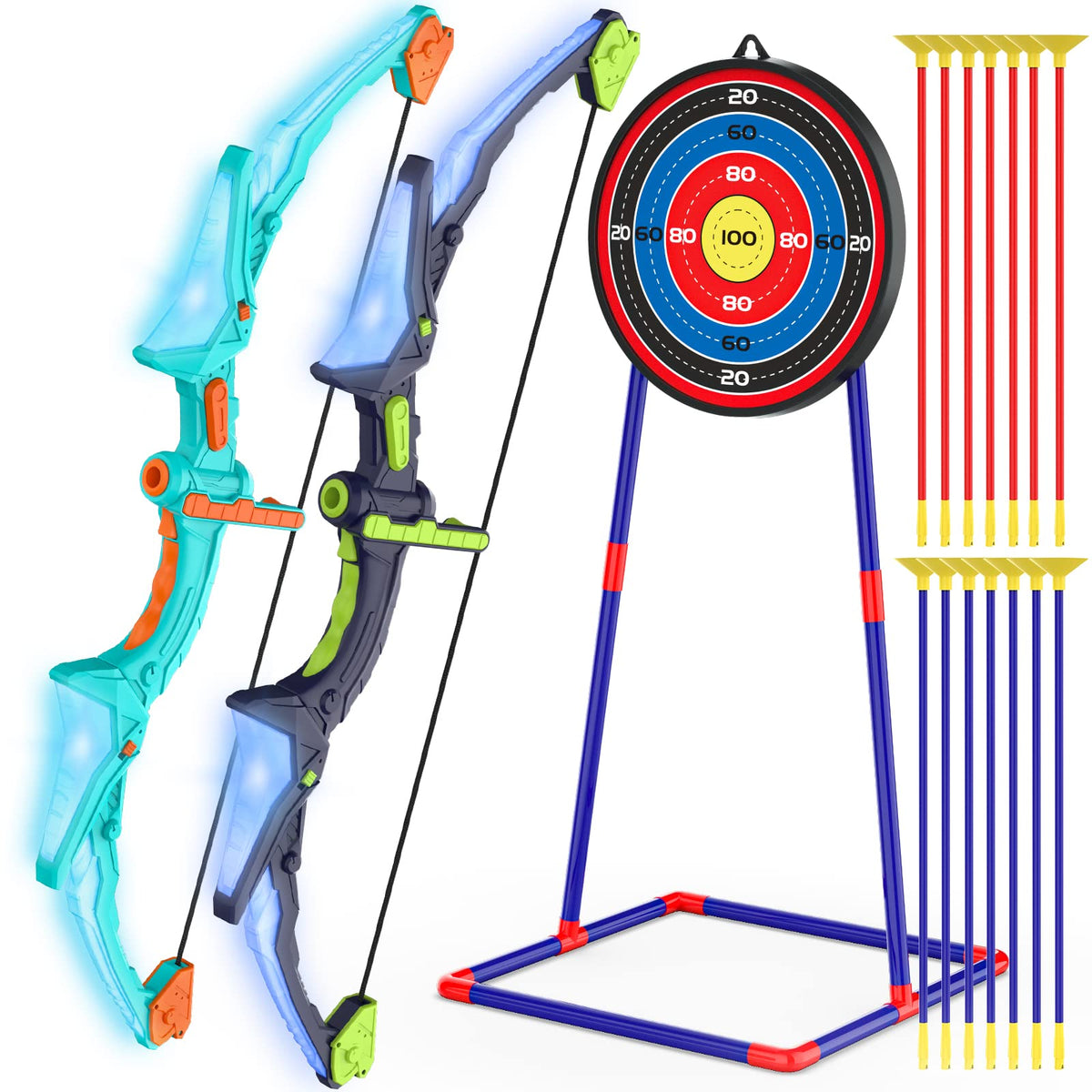 Kmuxilal bow and arrow set with LED lights, quick indoor setup for family play.