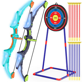 Kmuxilal bow and arrow set with LED lights, quick indoor setup for family play.