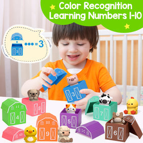 KMUYSL farm animals cat figure beside colorful barns for color matching and pretend play.