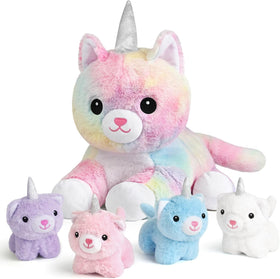 KMUYSL mommy cat with four babies plush set pictured in a gift-ready box