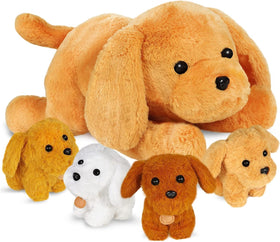 KMUYSL mommy dog with four baby puppies plush set for cozy cuddling.