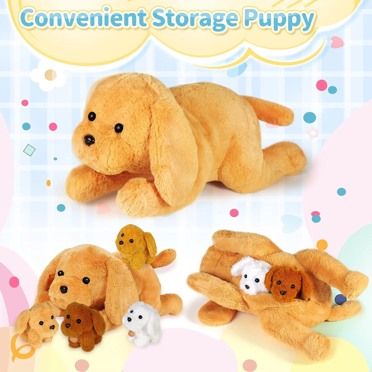 KMUYSL baby puppies plush inside mommy's tummy with a gift box.