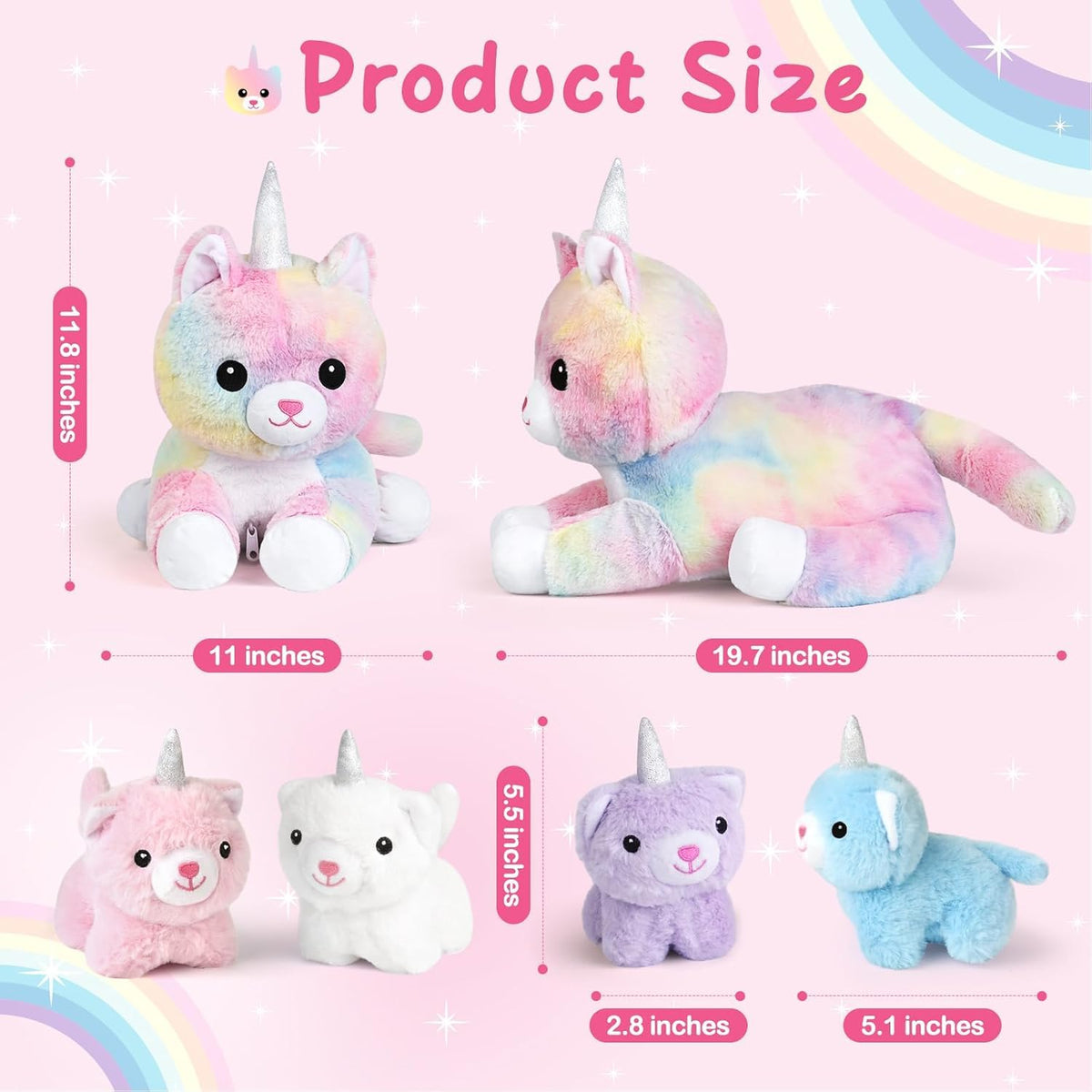 KMUYSL baby unicorn plushies in pink, blue, purple, and white