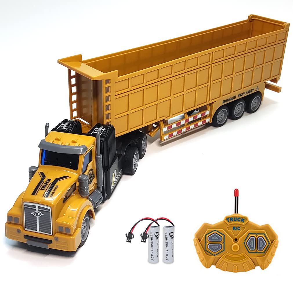 KNACKTOYZ RC dump truck with trailer, 14-inch scale, ready to haul small loads indoors.