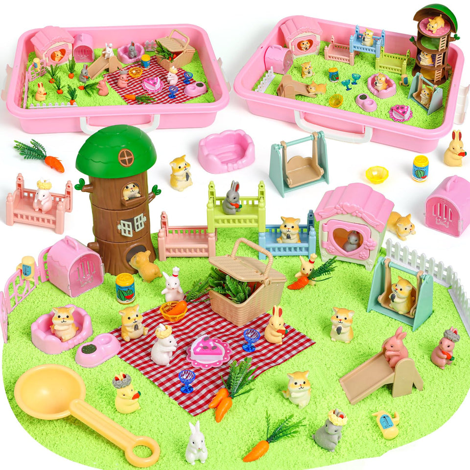 KNASON sensory bin with rabbit and hamster figures for imaginative play