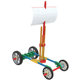 Wind powered vehicle model in action from K\'NEX Education kit.