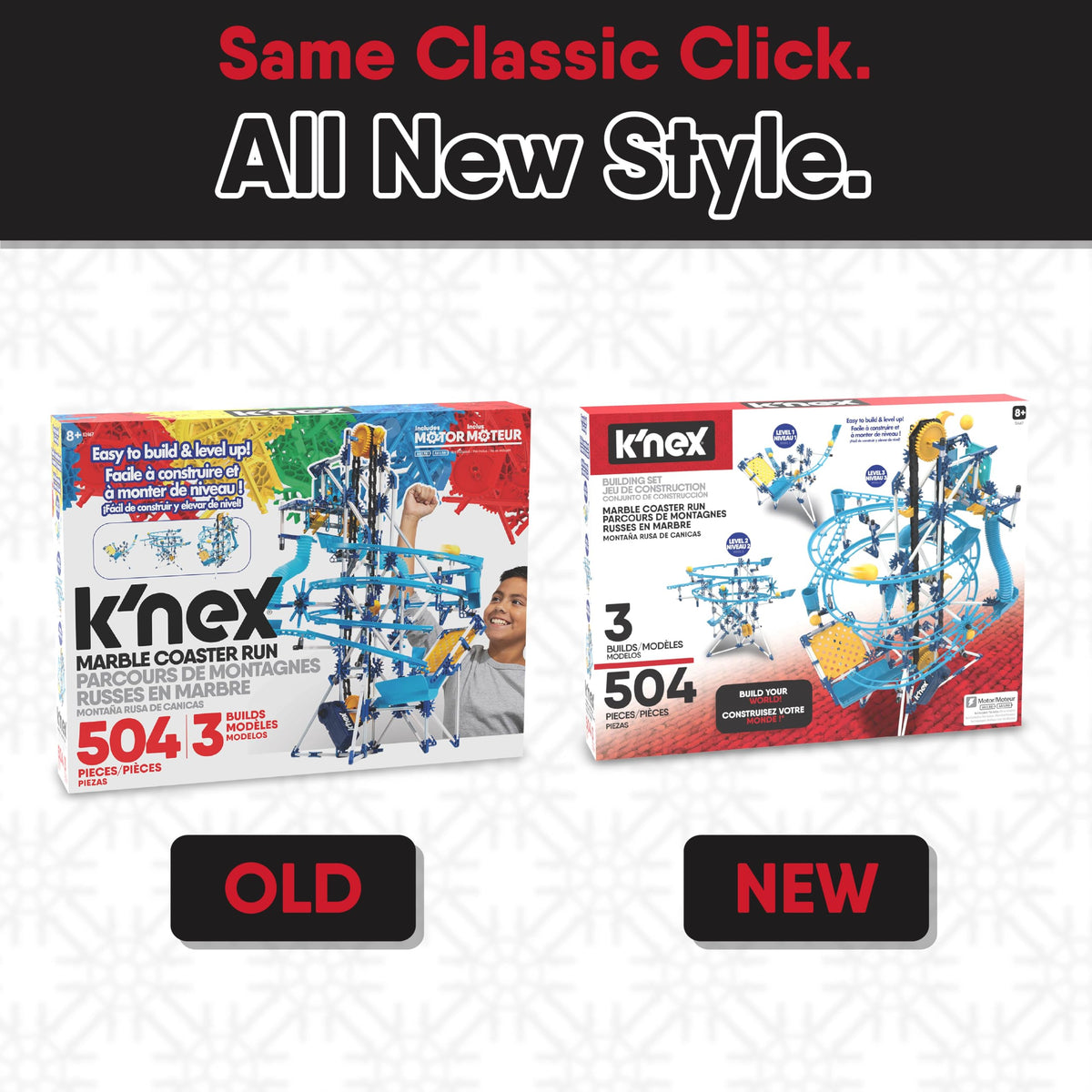 K'NEX Marble Coaster Run with Motor showcases blue and yellow color theme for display and play
