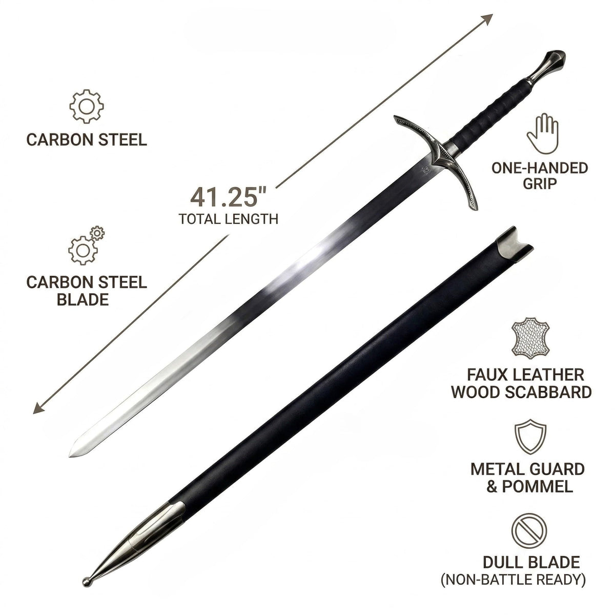 Carbon steel dull blade from Knight's Collection ideal for safe display.