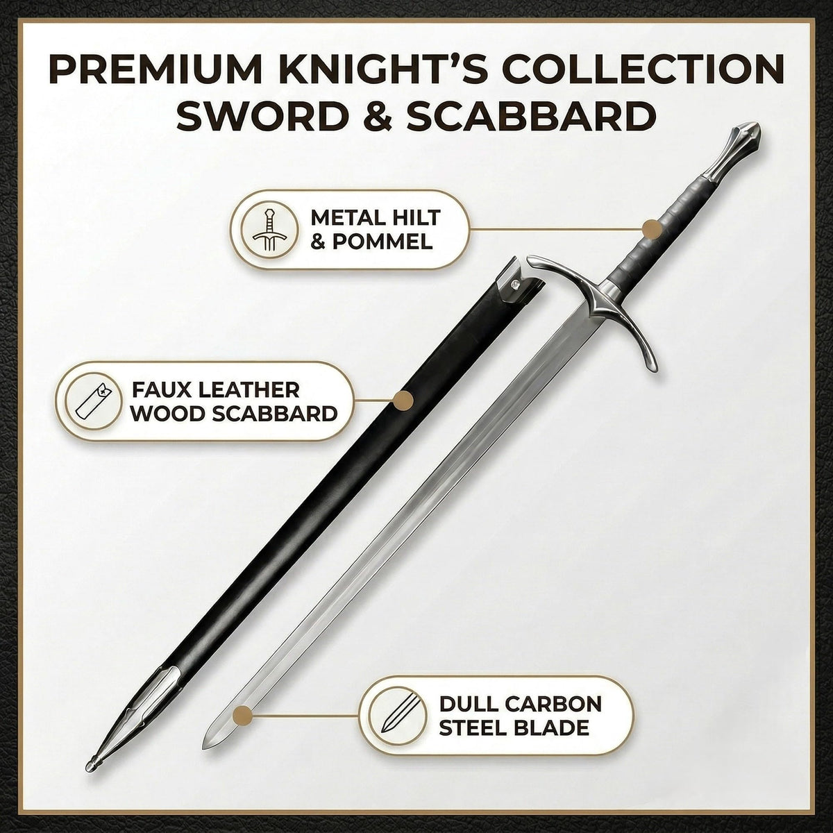 Wooden scabbard wrapped in faux leather showcasing regal craftsmanship.