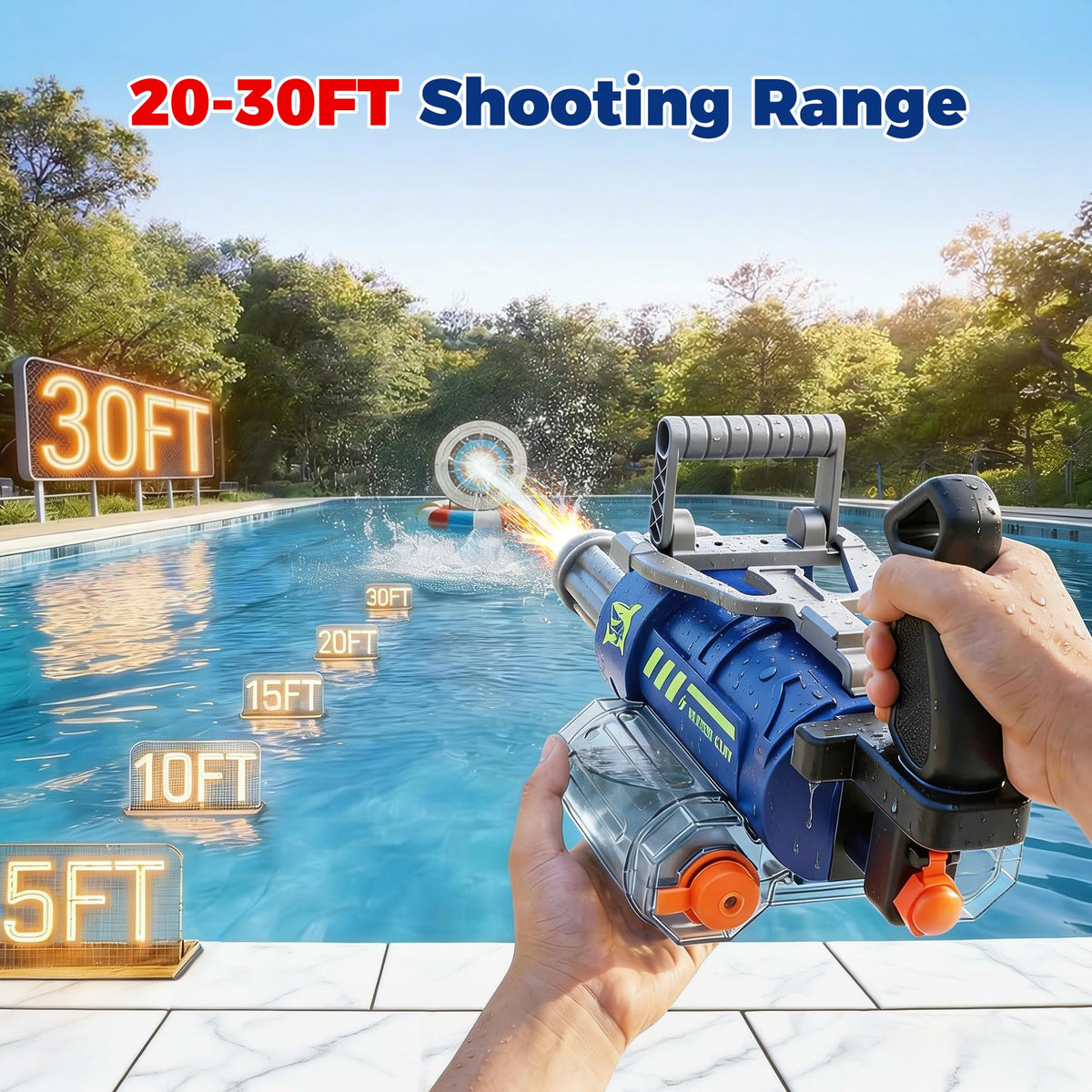 KNMDU electric water gun Gatling design with LED lights for dramatic night battles.