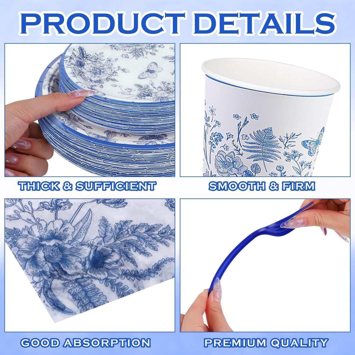 Kochorie blue-white flower napkins, soft and absorbent for spills.