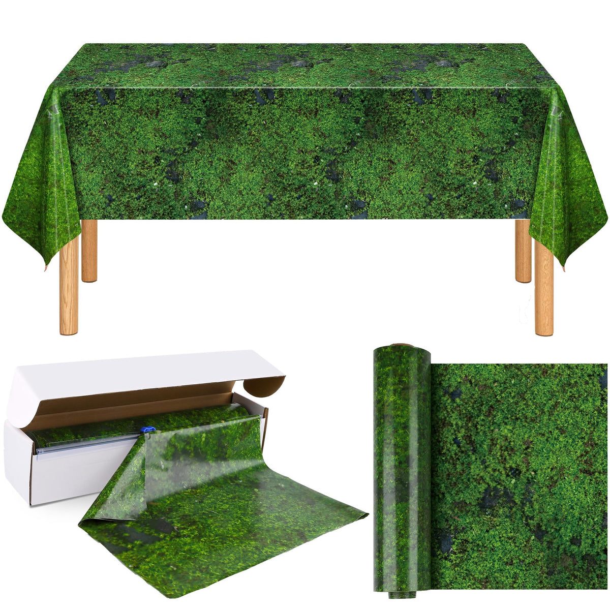 Kochorie green moss tablecloth roll with realistic turf pattern for vibrant outdoor dining.