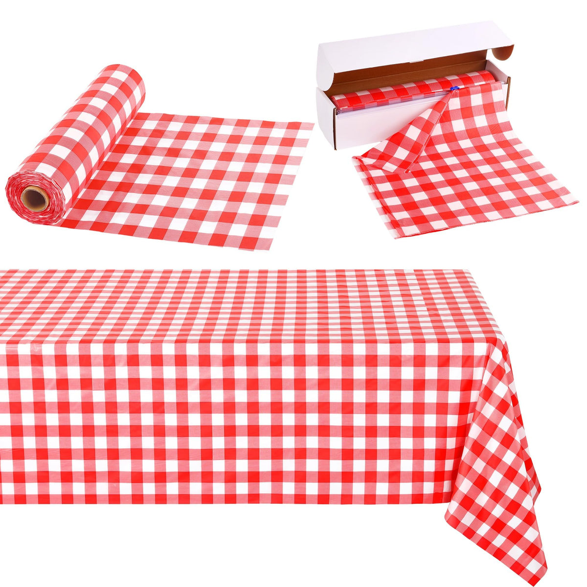 Kochorie red checkered tablecloth roll covers a long outdoor table for easy protection