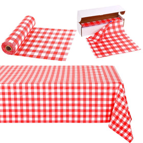 Kochorie red checkered tablecloth roll covers a long outdoor table for easy protection