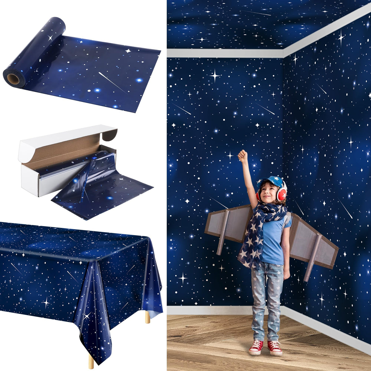 Kochorie space galaxy tablecloth roll in wide view for space-themed parties.