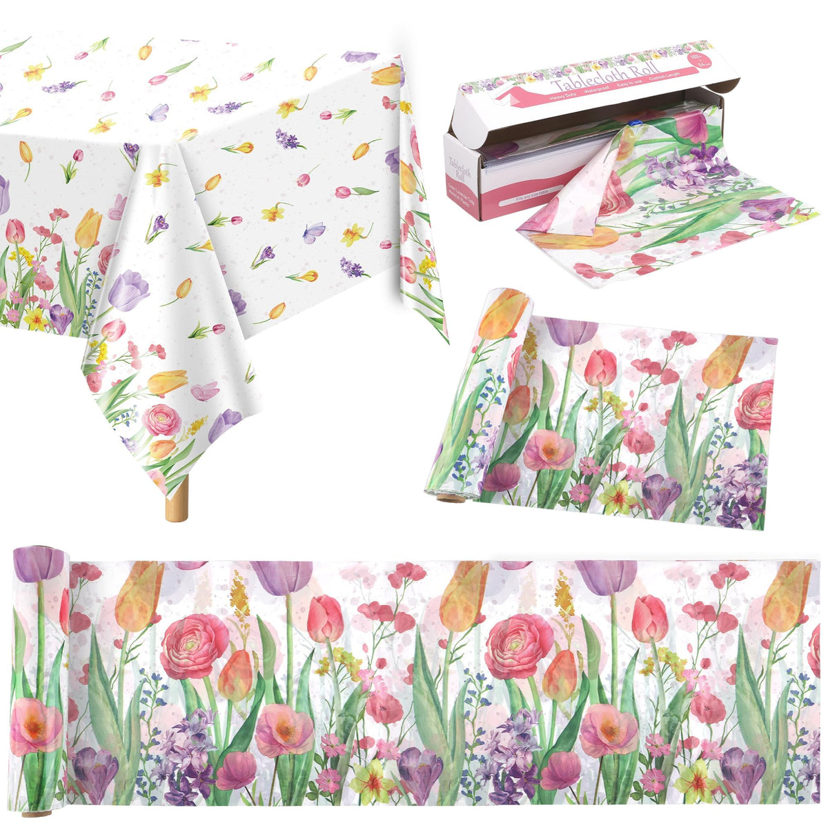Kochorie spring flower tulip tablecloth roll adds color to spring celebrations and meals.