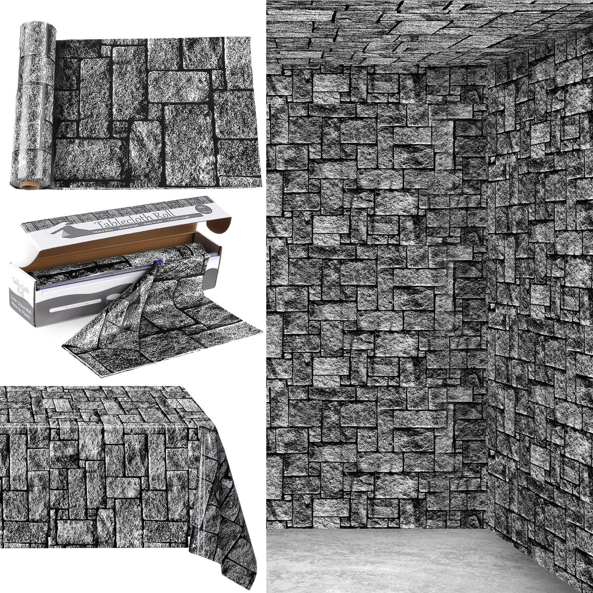 Kochorie stone wall tablecloth roll with cutter box protecting tables at events.