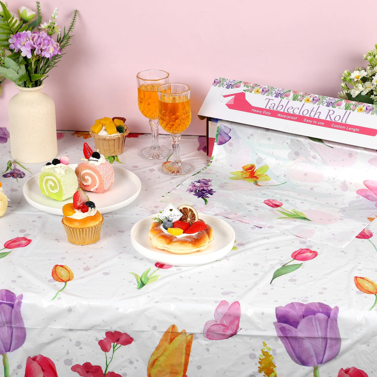 Kochorie table setting featuring spring tablecloth for festive indoor dining.