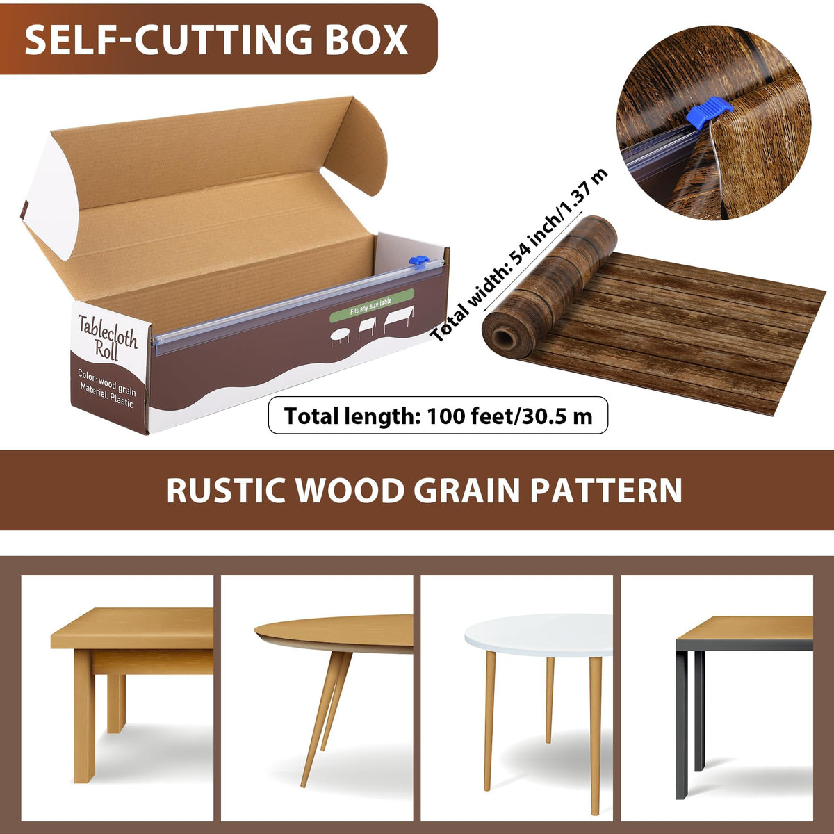 Kochorie wood grain tablecloth roll with cutter box included for precise sizing.