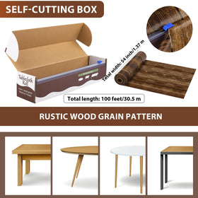 Kochorie wood grain tablecloth roll with cutter box included for precise sizing.