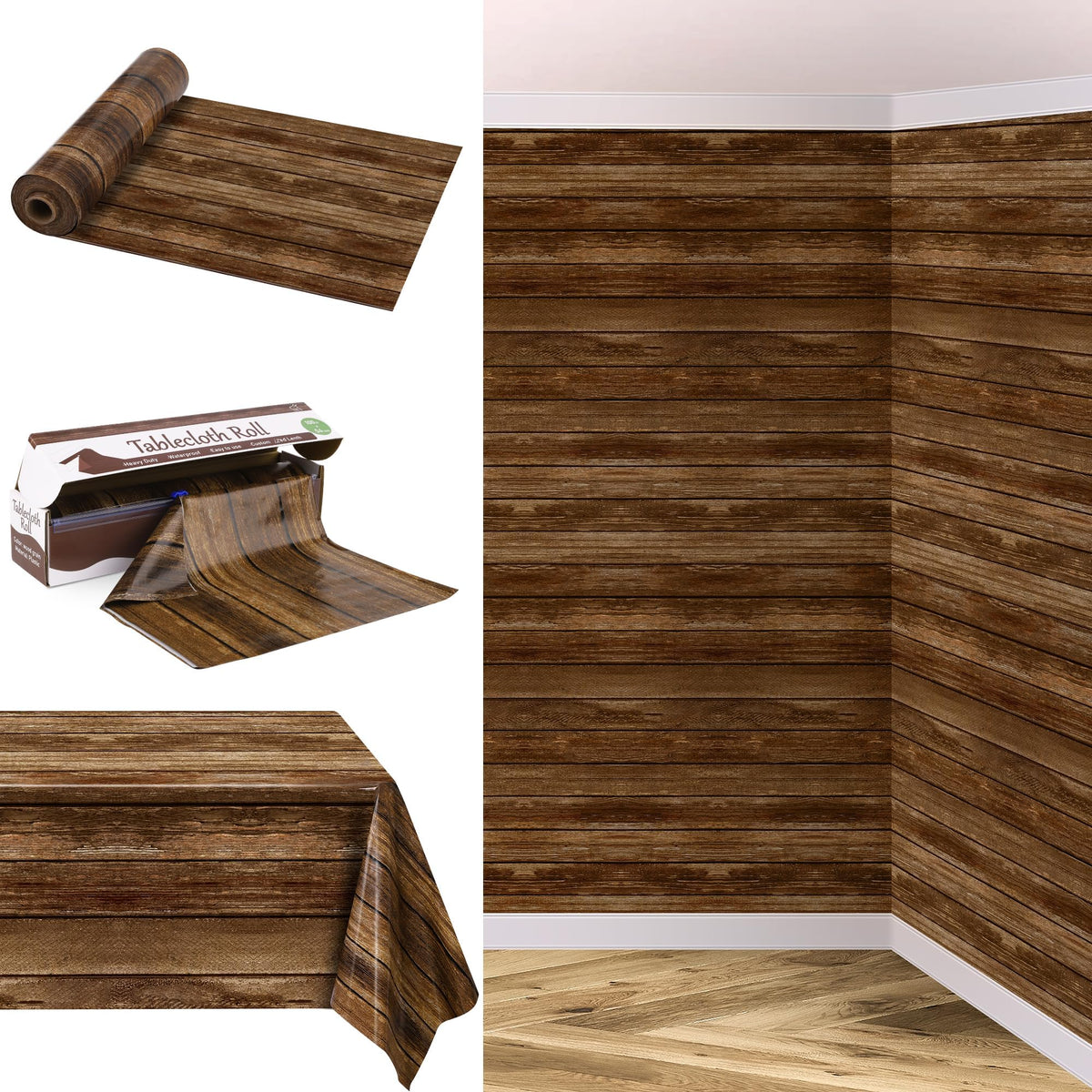 Kochorie wood grain tablecloth roll unrolled on a dining table for easy cleanup.