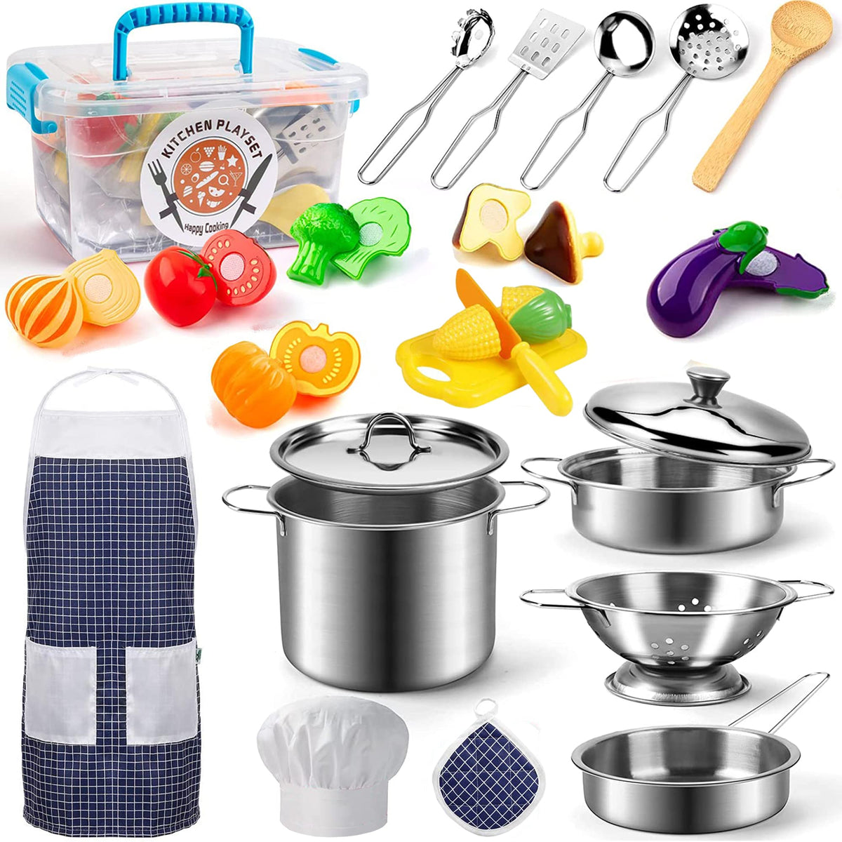 KODATEK Play Kitchen pots and colander set for durable pretend cooking for kids