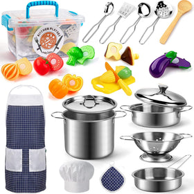 KODATEK Play Kitchen pots and colander set for durable pretend cooking for kids