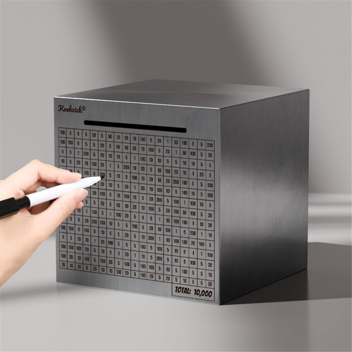 Koehzich Cash Vault metal money box with counting display for goal tracking.