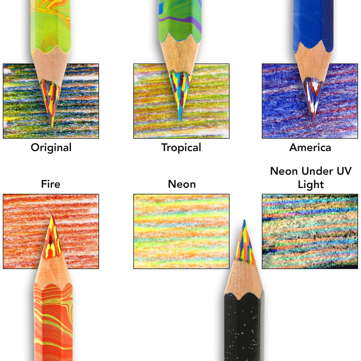 Koh-I-Noor Magic FX Tropical bright braid pencils add dynamic color shifts.