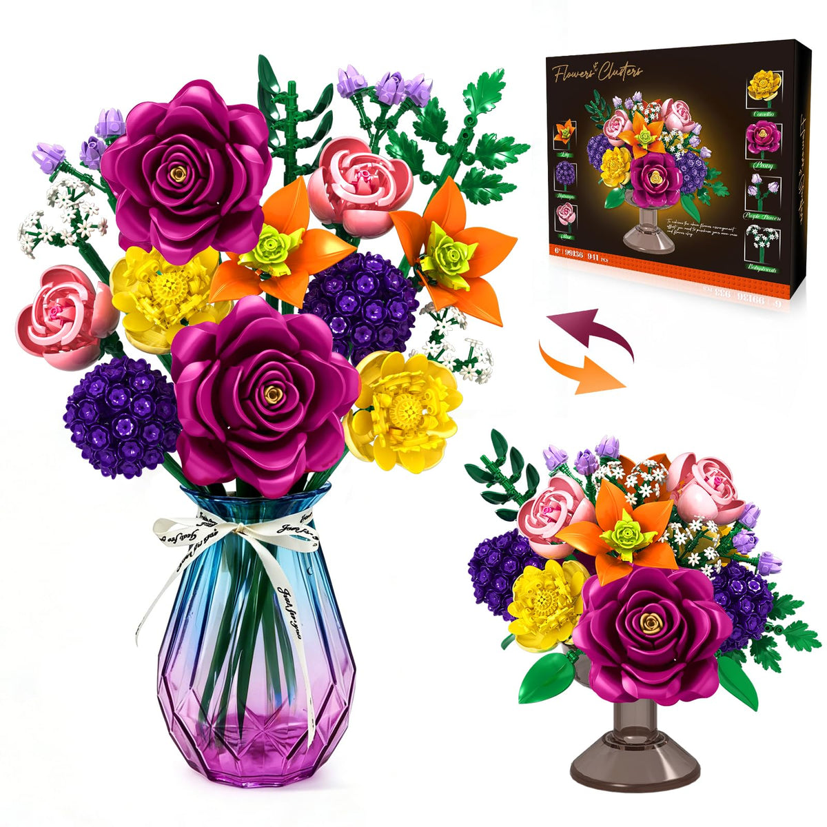 KOJAYHOL flower bouquet building set with two designs for dramatic centerpiece or desk decor.