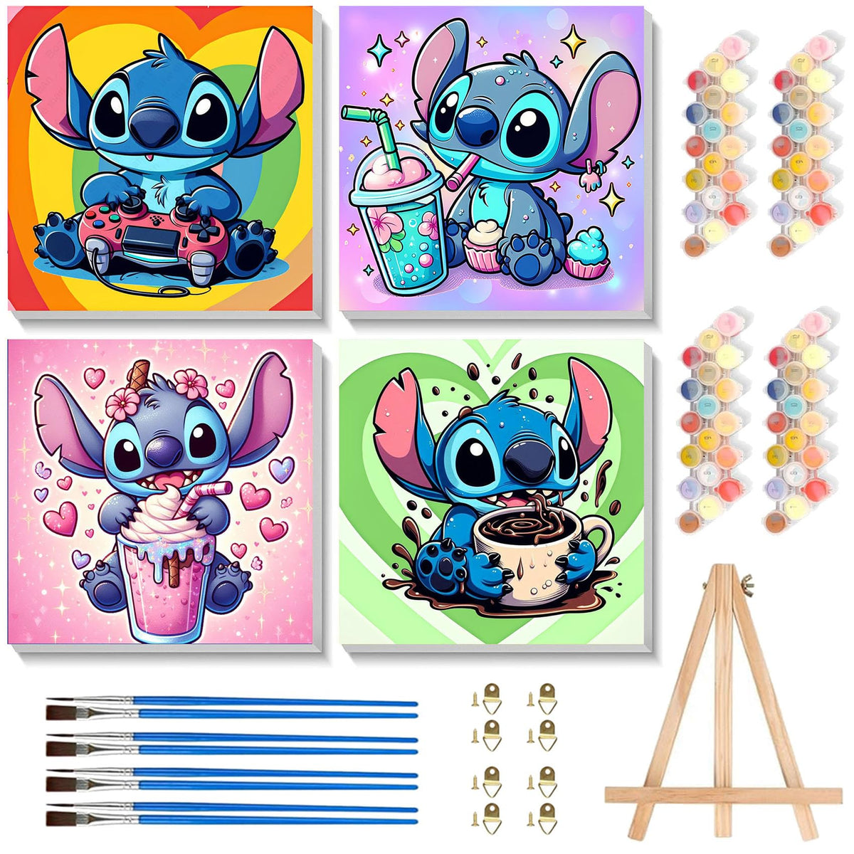 KOJEFCV 4-pack cartoon paint by numbers with frame and easel for kids' wall art