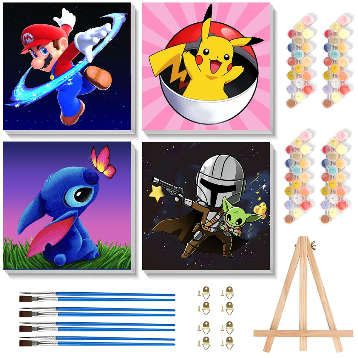 KOJEFCV 4-pack cartoon paint by numbers with frame and easel boosts creativity