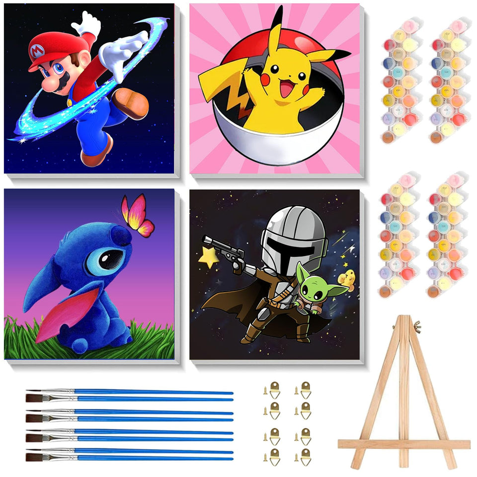 KOJEFCV 4-pack cartoon paint by numbers with frame and easel boosts creativity