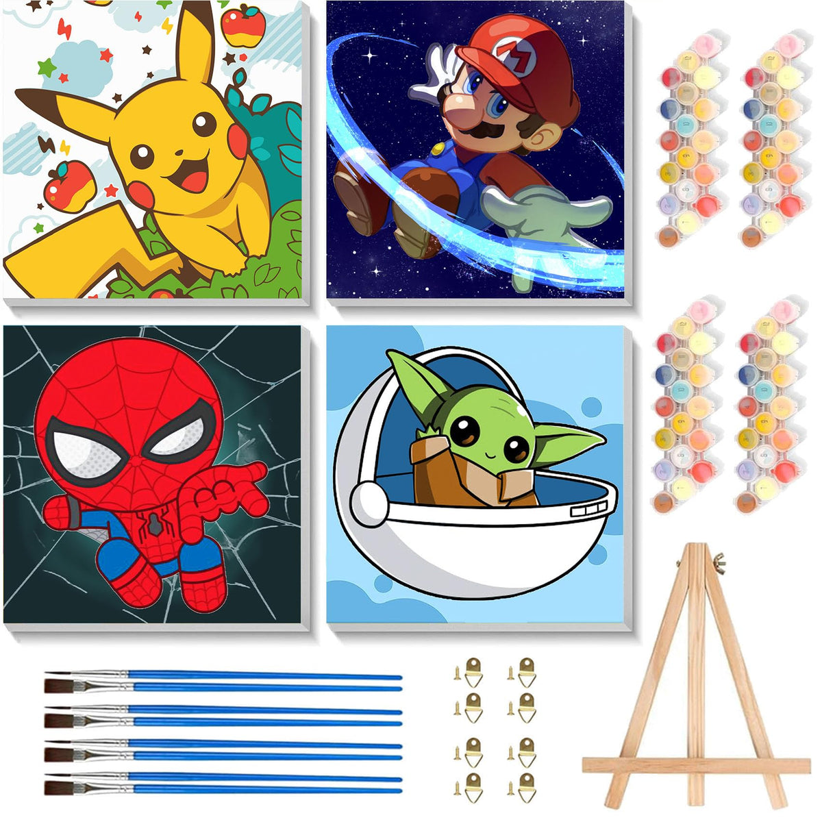 KOJEFCV 4 Pack cartoon paint by numbers framed canvas for kids creativity