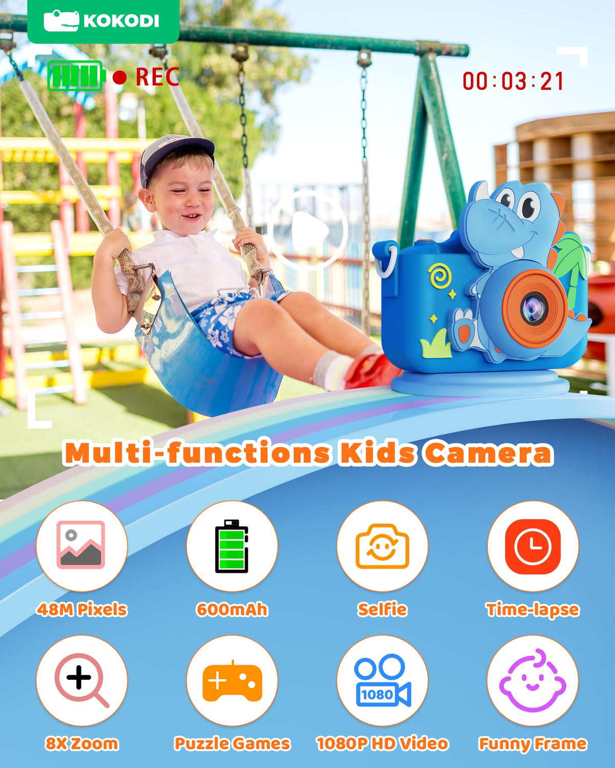 KOKODI 2.0-inch IPS screen protects young eyes while viewing moments.