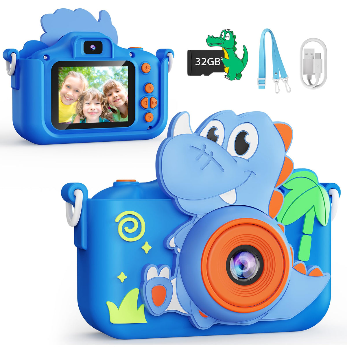 KOKODI Kids Camera with dinosaur case for portable, sturdy play.