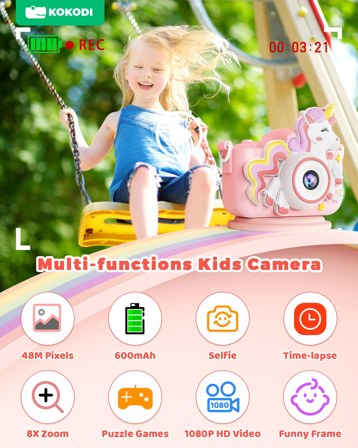KOKODI Kids Camera 2.0-inch IPS screen protects young eyes during viewing.