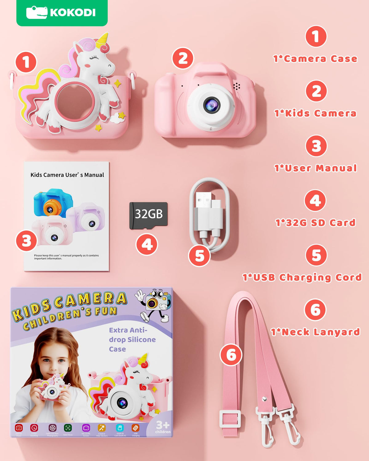 KOKODI Kids Camera includes a lanyard for easy carrying during adventures.