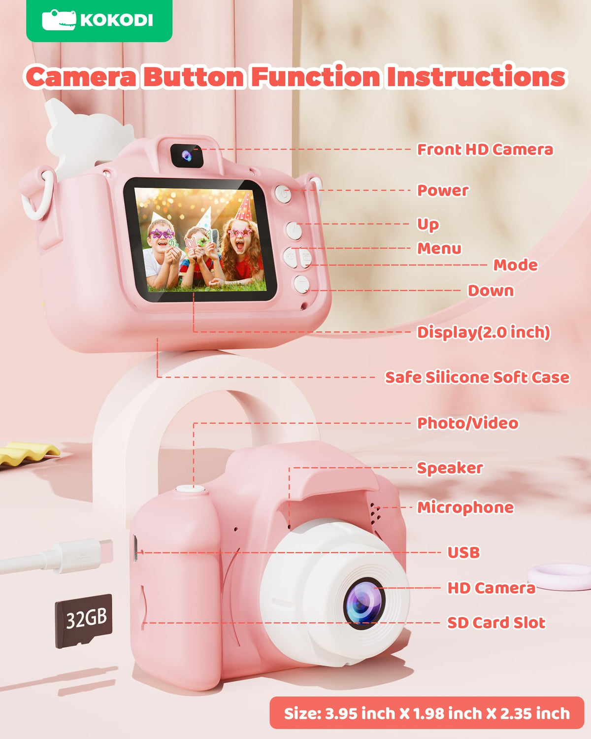 KOKODI Kids Camera features a music player and games for entertainment.