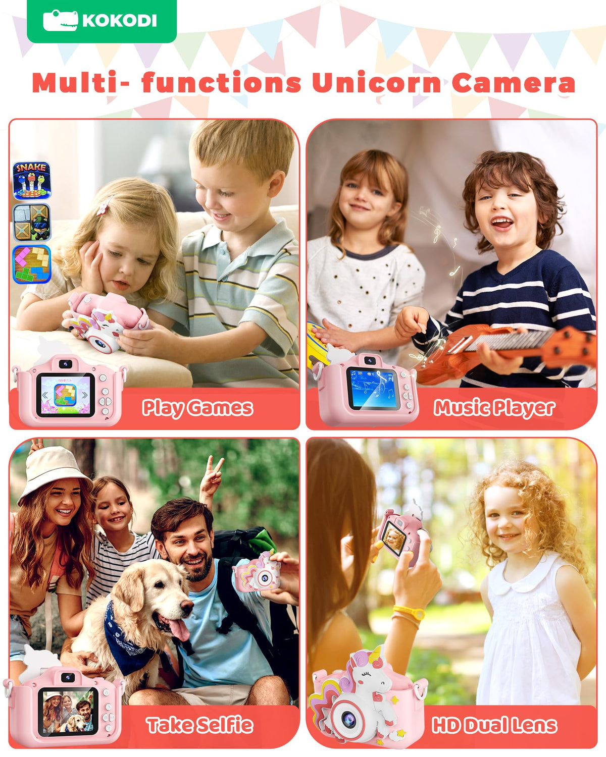KOKODI Kids Camera uses a rechargeable battery for extended playtime.