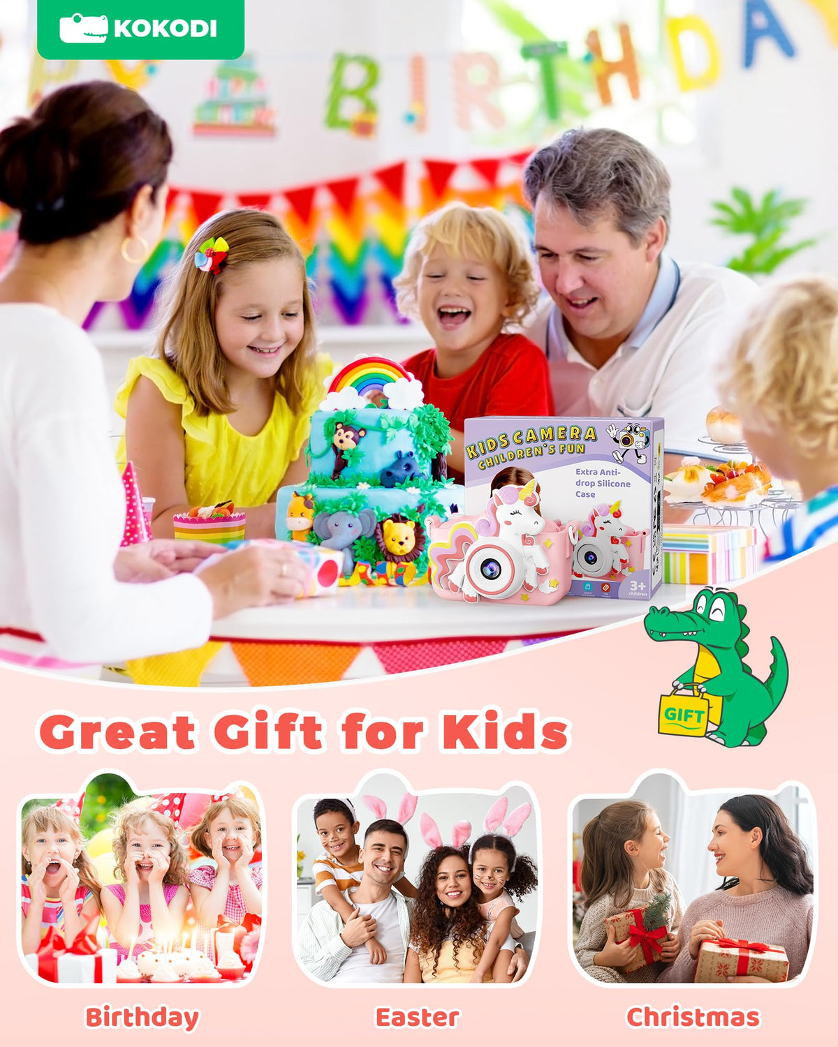 KOKODI Kids Camera offers 28 sticker frames and 6 filters for creativity.