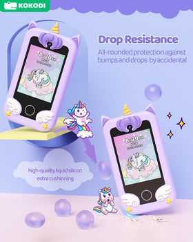 KOKODI Kids Phone Toy unicorn side view with easy grip for small hands.