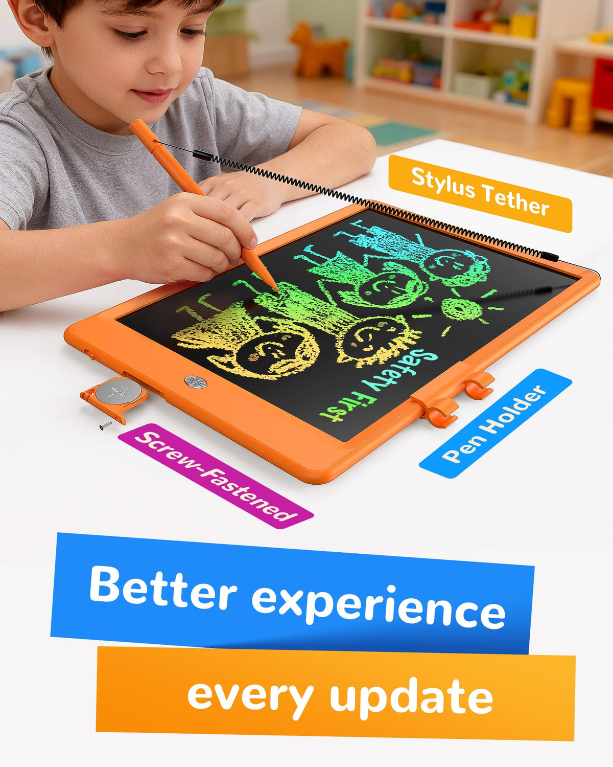 Battery-compartment safety screw ensures kid-friendly, secure toy storage.