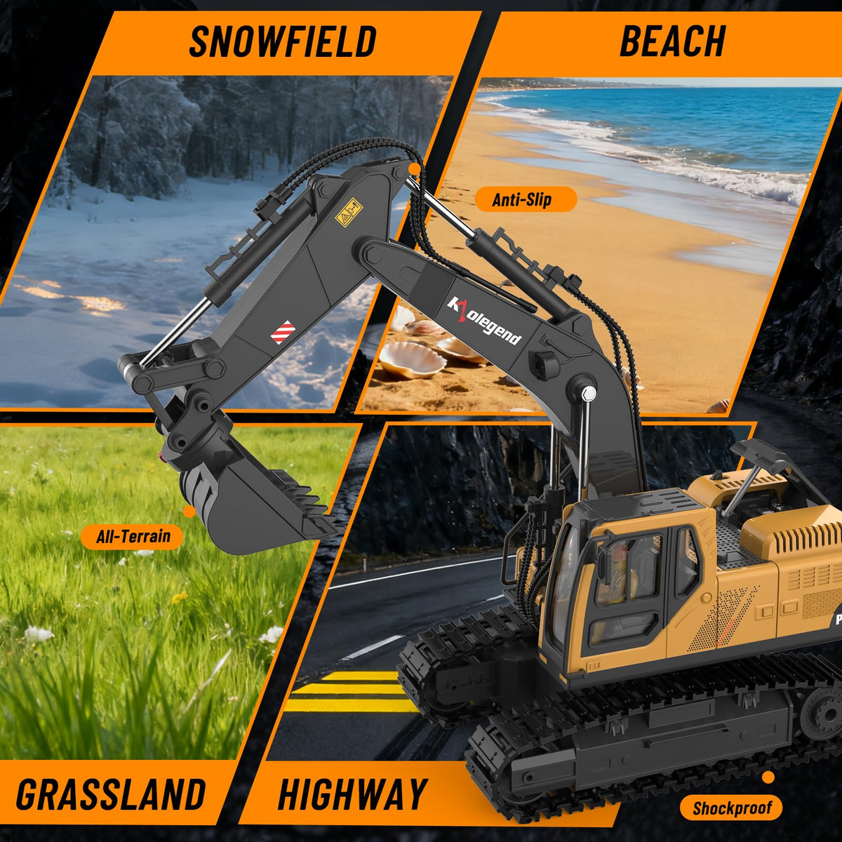 Kolegend LED lights and engine sounds enhance immersive construction play.