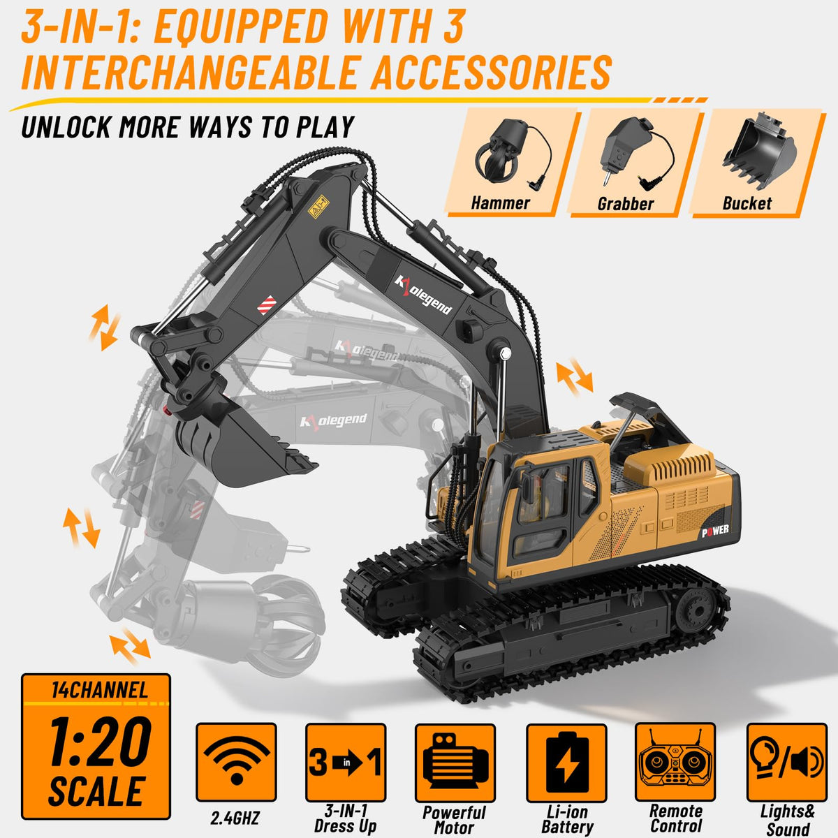 Kolegend RC excavator claw grabbing and moving objects.
