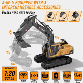 Kolegend RC excavator claw grabbing and moving objects.